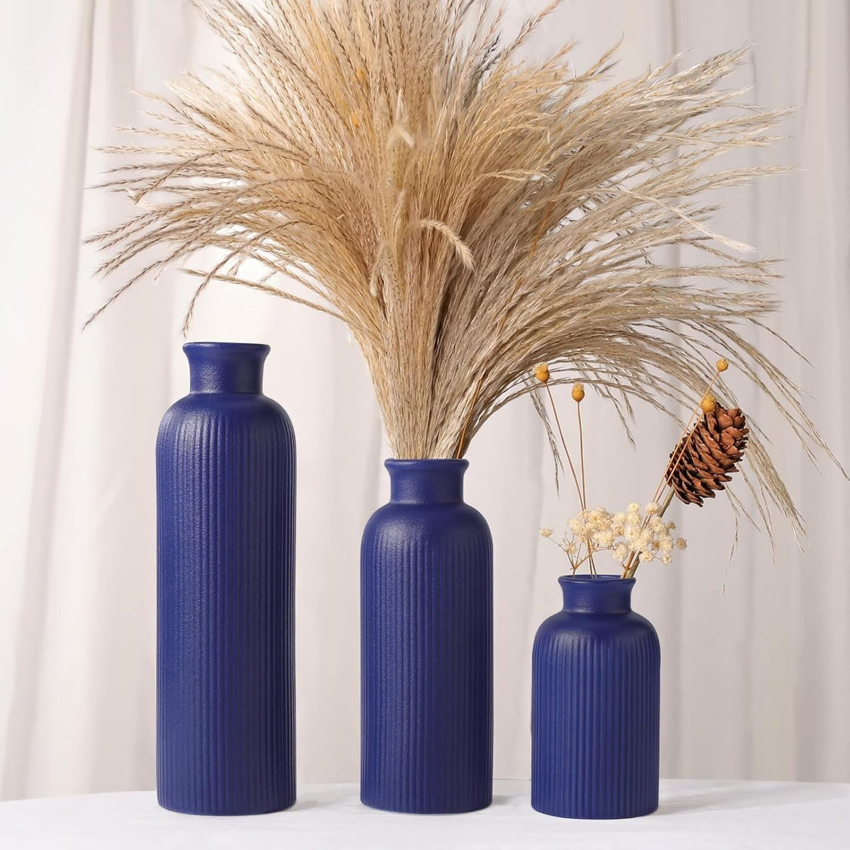 Small Navy Blue Ceramic Vase Set of 3, Boho Modern Navy Blue Flower Vase Room Decor, Farmhouse Decor, Vases for Your Kitchen, Bathroom, Bedroom, Living Room, Office&Shelf Centerpiece Table Decorations - MC Online