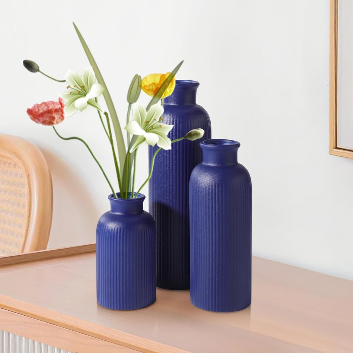 Small Navy Blue Ceramic Vase Set of 3, Boho Modern Navy Blue Flower Vase Room Decor, Farmhouse Decor, Vases for Your Kitchen, Bathroom, Bedroom, Living Room, Office&Shelf Centerpiece Table Decorations - MC Online