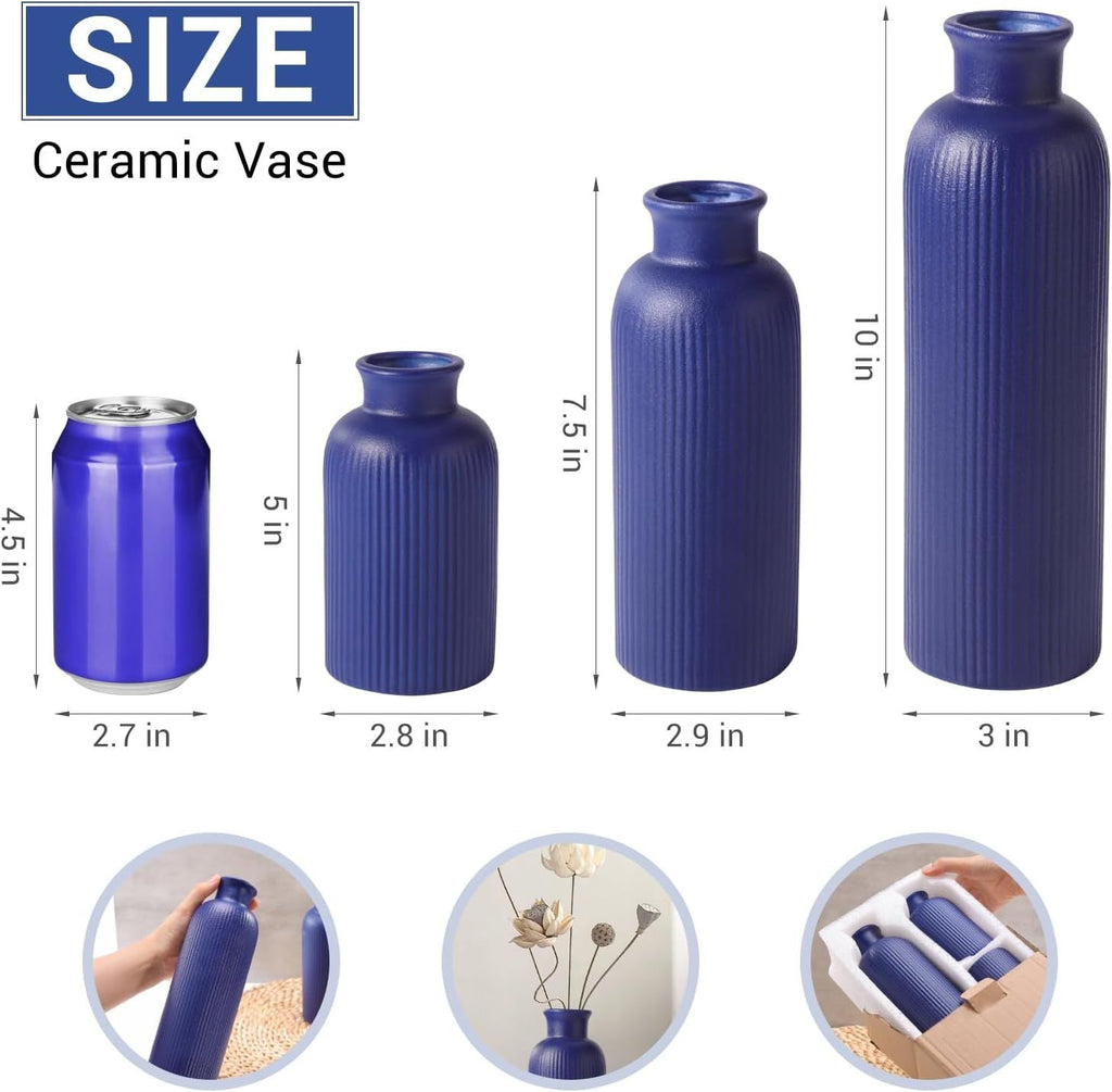 Small Navy Blue Ceramic Vase Set of 3, Boho Modern Navy Blue Flower Vase Room Decor, Farmhouse Decor, Vases for Your Kitchen, Bathroom, Bedroom, Living Room, Office&Shelf Centerpiece Table Decorations - MC Online