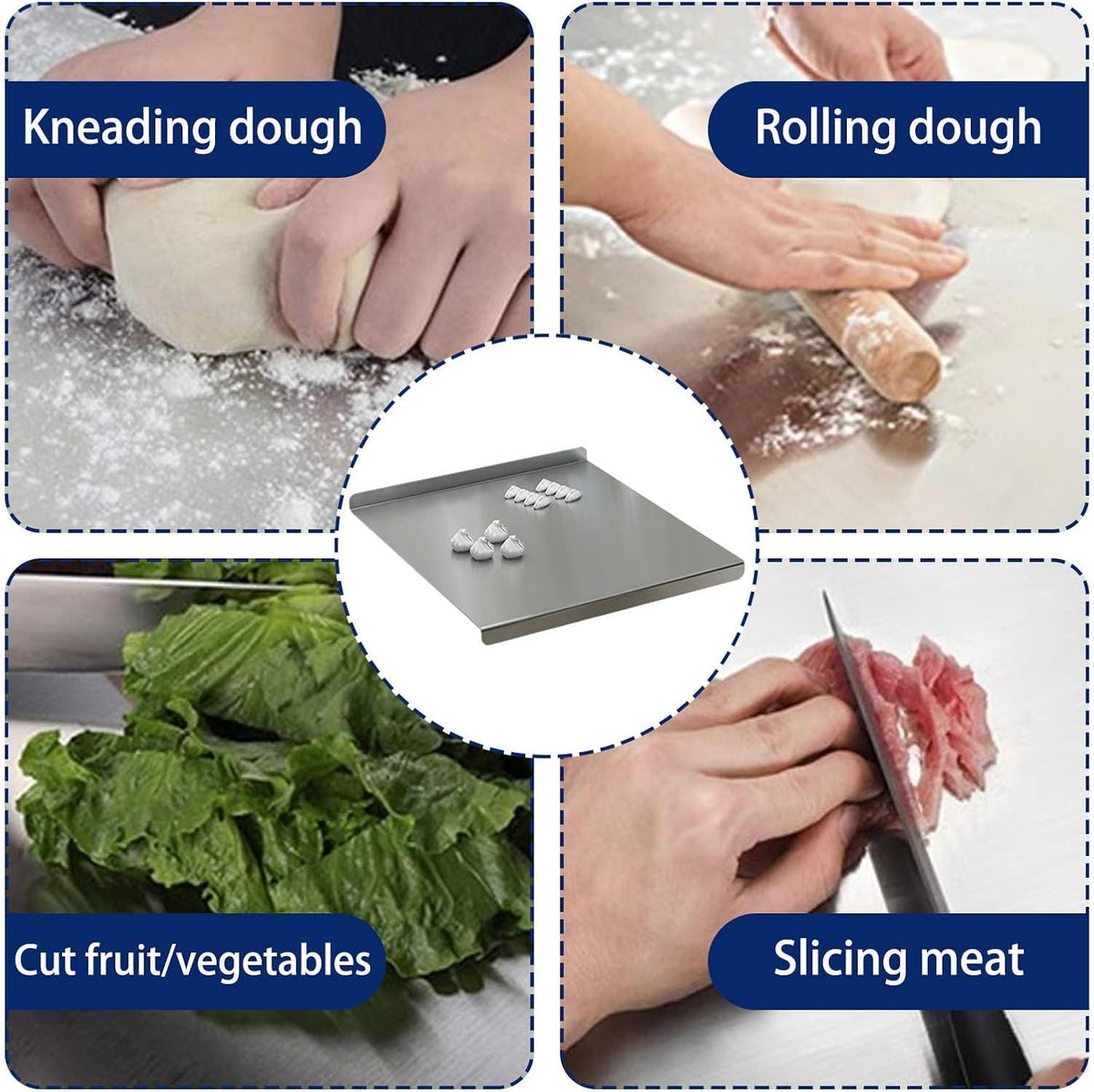 Stainless Steel Cutting Board with Lip for Kitchen Chopping Boards for Countertop Large Metal Cutting Board over Sink Suitable for Meat Fruits Vegetables Bread Noodle and Pizza Bamboo Knives - MC Online