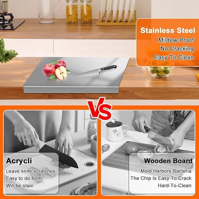 Stainless Steel Cutting Board with Lip for Kitchen Chopping Boards for Countertop Large Metal Cutting Board over Sink Suitable for Meat Fruits Vegetables Bread Noodle and Pizza Bamboo Knives - MC Online