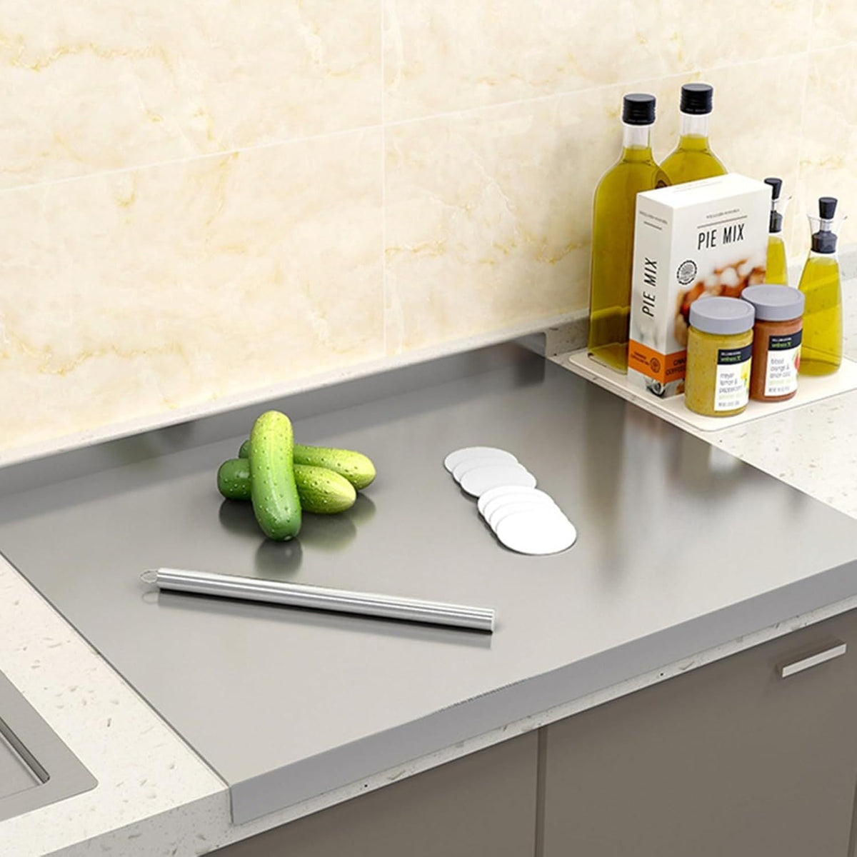 Stainless Steel Cutting Board with Lip for Kitchen Chopping Boards for Countertop Large Metal Cutting Board over Sink Suitable for Meat Fruits Vegetables Bread Noodle and Pizza Bamboo Knives - MC Online