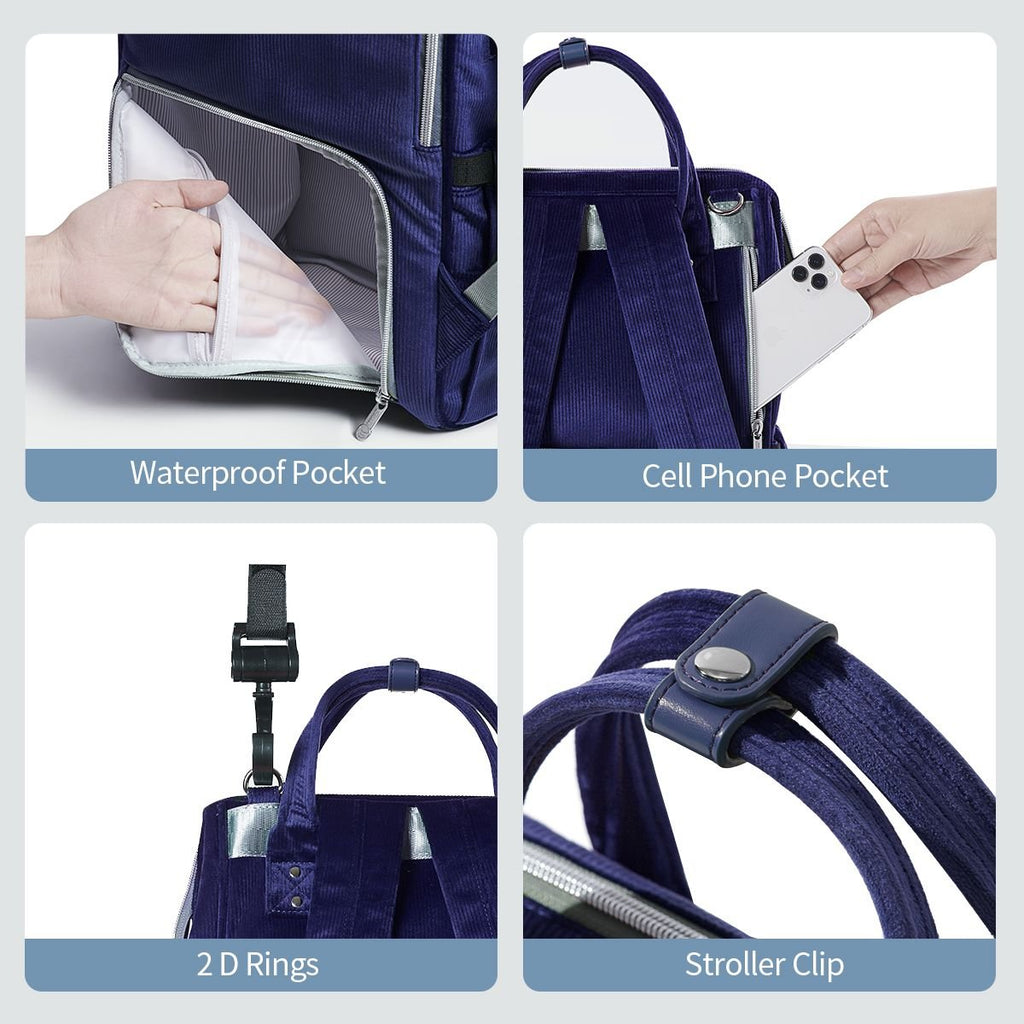 SUNVENO Velvet Stitching Diaper Bag Backpack Large Capacity Tote Shoulder Nappy Bag Organizer for Baby Care with Insulated Pockets,Waterproof Fabric - MC Online