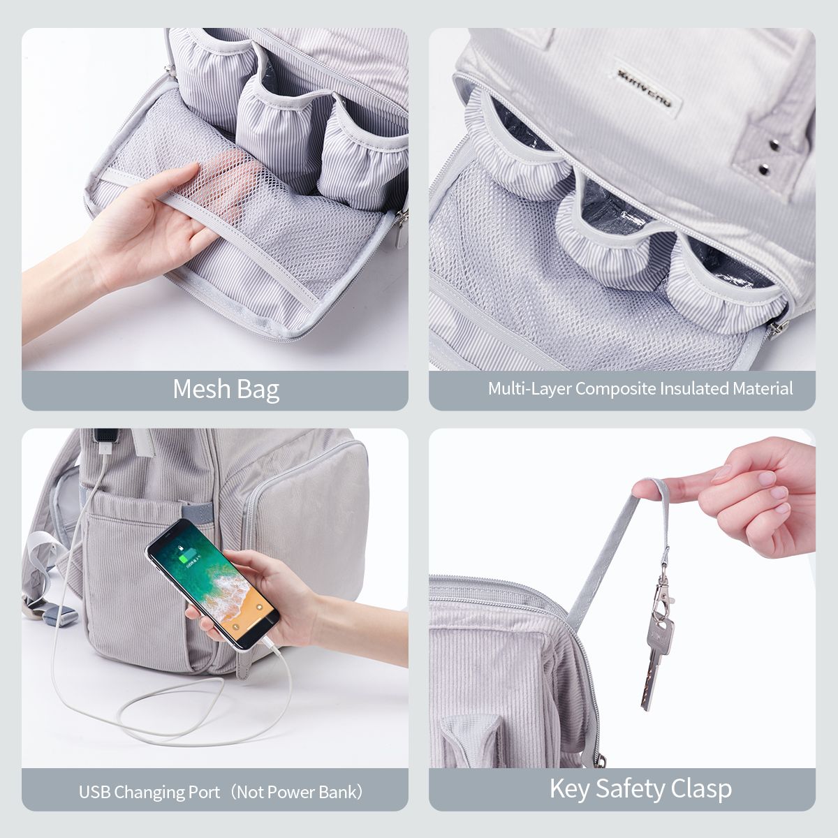 SUNVENO Velvet Stitching Diaper Bag Backpack Large Capacity Tote Shoulder Nappy Bag Organizer for Baby Care with Insulated Pockets,Waterproof Fabric - MC Online