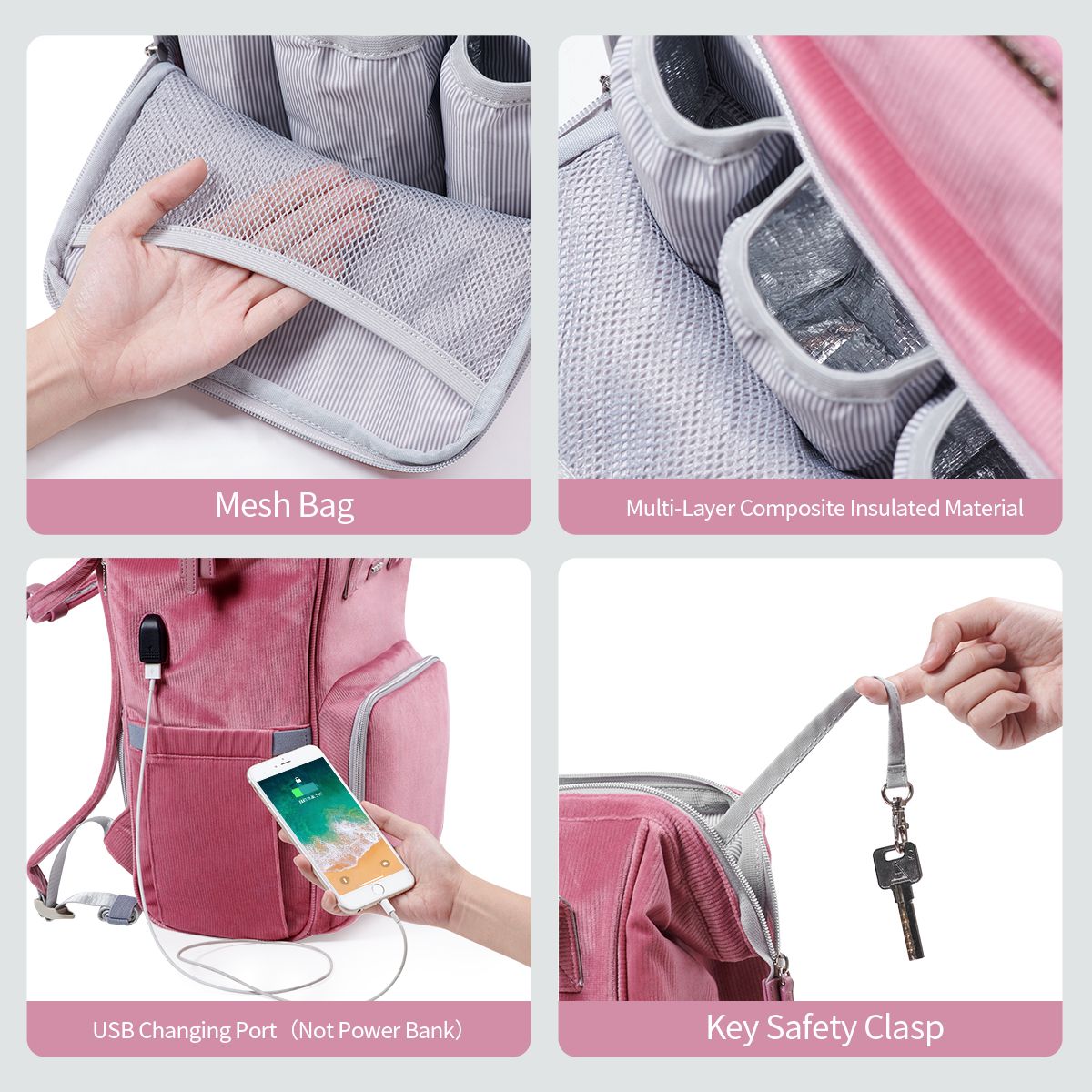 SUNVENO Velvet Stitching Diaper Bag Backpack Large Capacity Tote Shoulder Nappy Bag Organizer for Baby Care with Insulated Pockets,Waterproof Fabric - MC Online