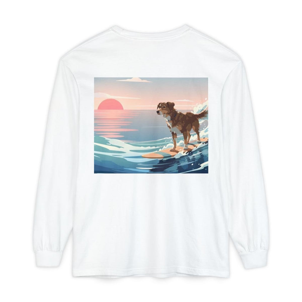 Surfing Dog Long Sleeve Tee | Sunset Ocean Wave Illustration - MC Online