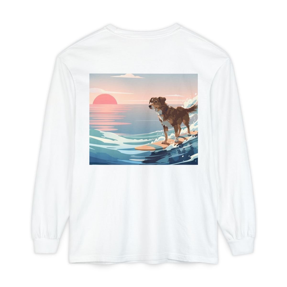 Surfing Dog Long Sleeve Tee | Sunset Ocean Wave Illustration - MC Online