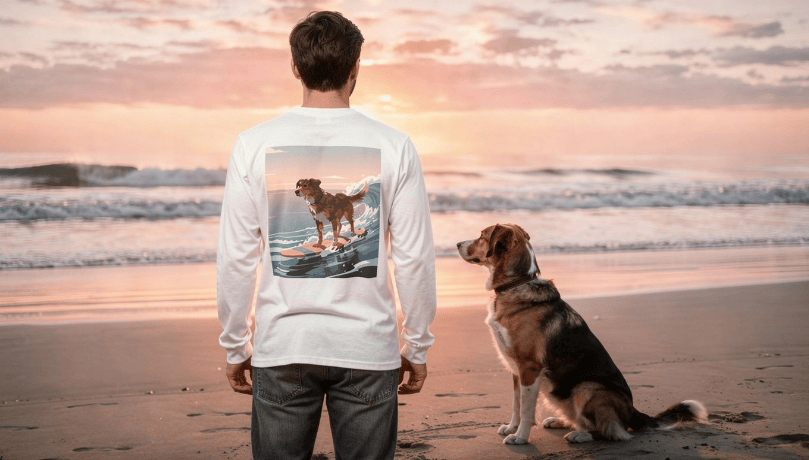 Surfing Dog Long Sleeve Tee | Sunset Ocean Wave Illustration - MC Online
