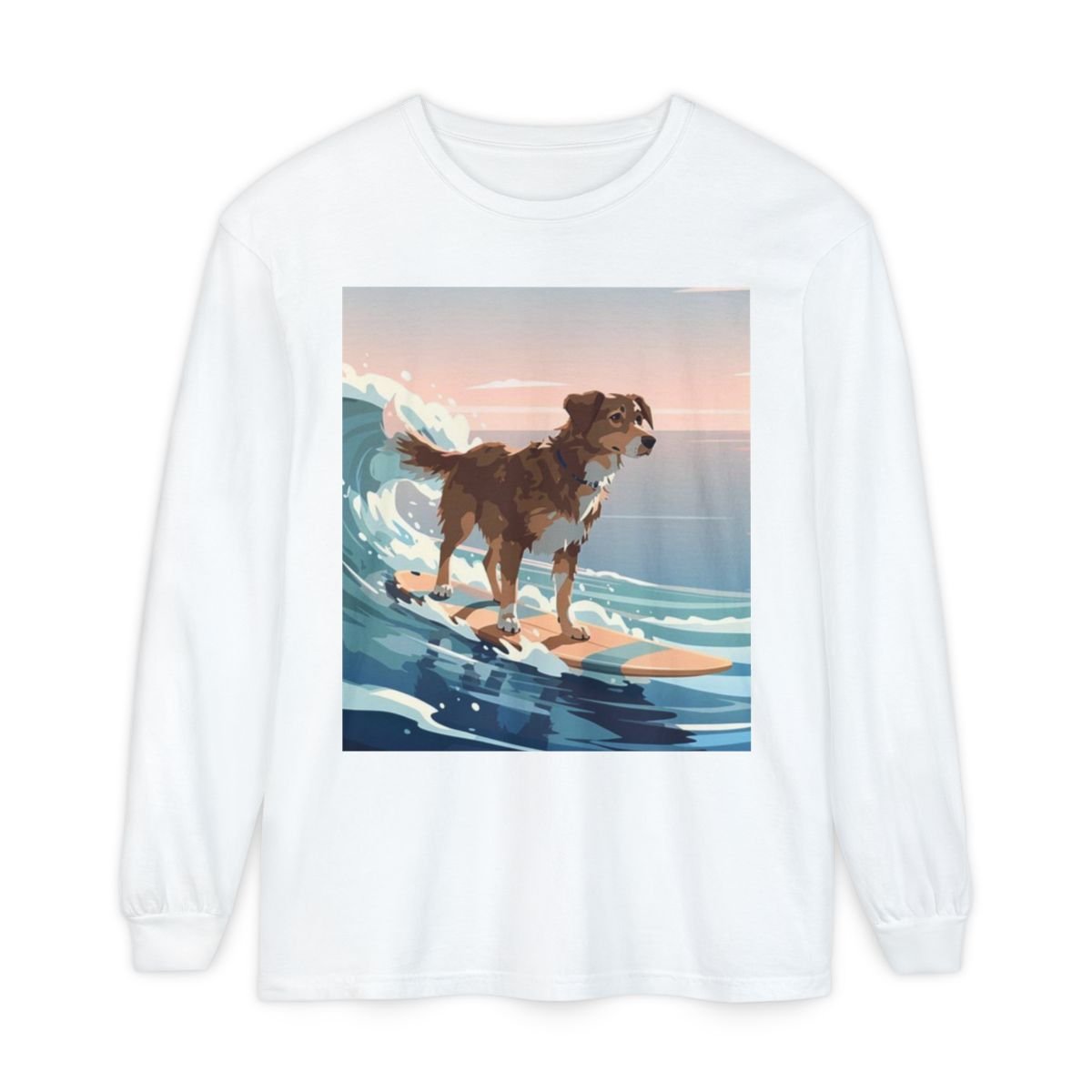 Surfing Dog Long Sleeve Tee | Sunset Ocean Wave Illustration - MC Online