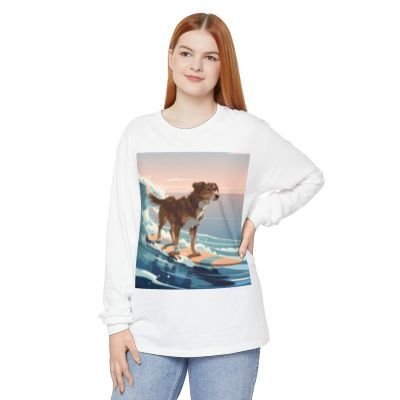 Surfing Dog Long Sleeve Tee | Sunset Ocean Wave Illustration - MC Online