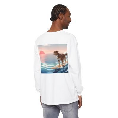Surfing Dog Long Sleeve Tee | Sunset Ocean Wave Illustration - MC Online