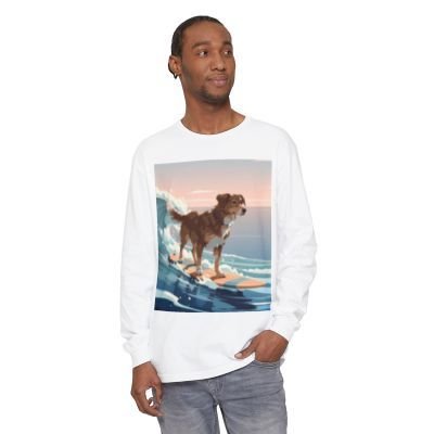 Surfing Dog Long Sleeve Tee | Sunset Ocean Wave Illustration - MC Online