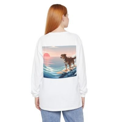 Surfing Dog Long Sleeve Tee | Sunset Ocean Wave Illustration - MC Online