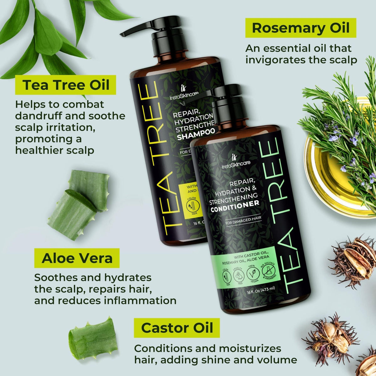 Tea Tree Shampoo and Conditioner Set with Castor Oil Rosemary Oil for Hair Growth Thinning Hair Loss Treatments for Women & Men For All Hair Types Paraben & Sulfate Free 16 Oz - MC Online