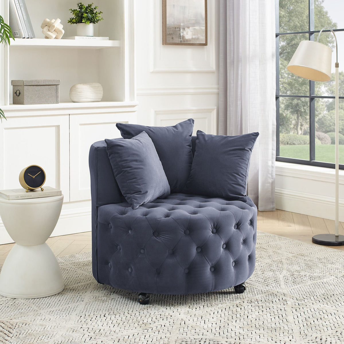Velvet Upholstered Swivel Chair for Living Room, with Button Tufted Design and Movable Wheels, Including 3 Pillows - MC Online