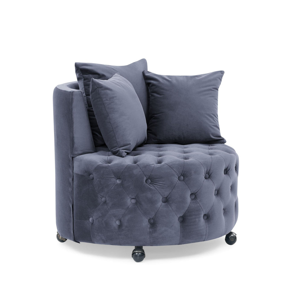 Velvet Upholstered Swivel Chair for Living Room, with Button Tufted Design and Movable Wheels, Including 3 Pillows - MC Online