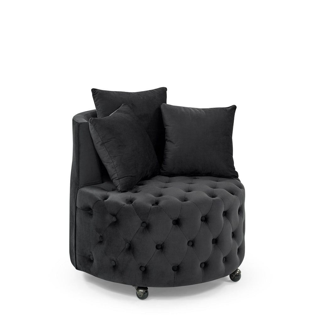 Velvet Upholstered Swivel Chair for Living Room, with Button Tufted Design and Movable Wheels, Including 3 Pillows - MC Online