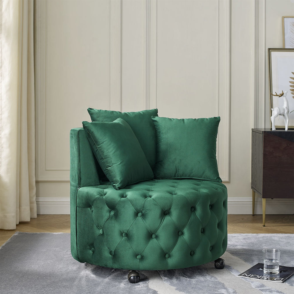 Velvet Upholstered Swivel Chair for Living Room, with Button Tufted Design and Movable Wheels, Including 3 Pillows - MC Online