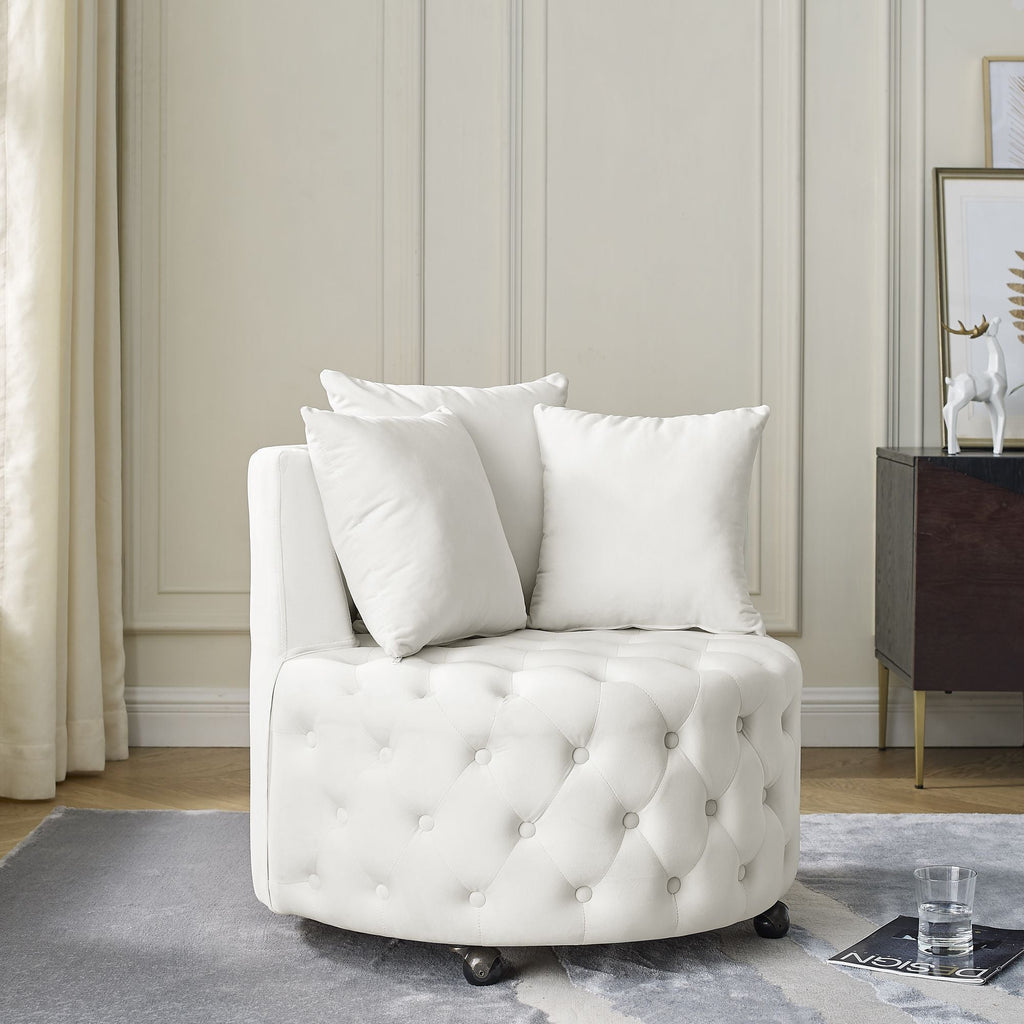 Velvet Upholstered Swivel Chair for Living Room, with Button Tufted Design and Movable Wheels, Including 3 Pillows - MC Online