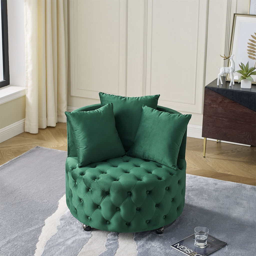 Velvet Upholstered Swivel Chair for Living Room, with Button Tufted Design and Movable Wheels, Including 3 Pillows - MC Online