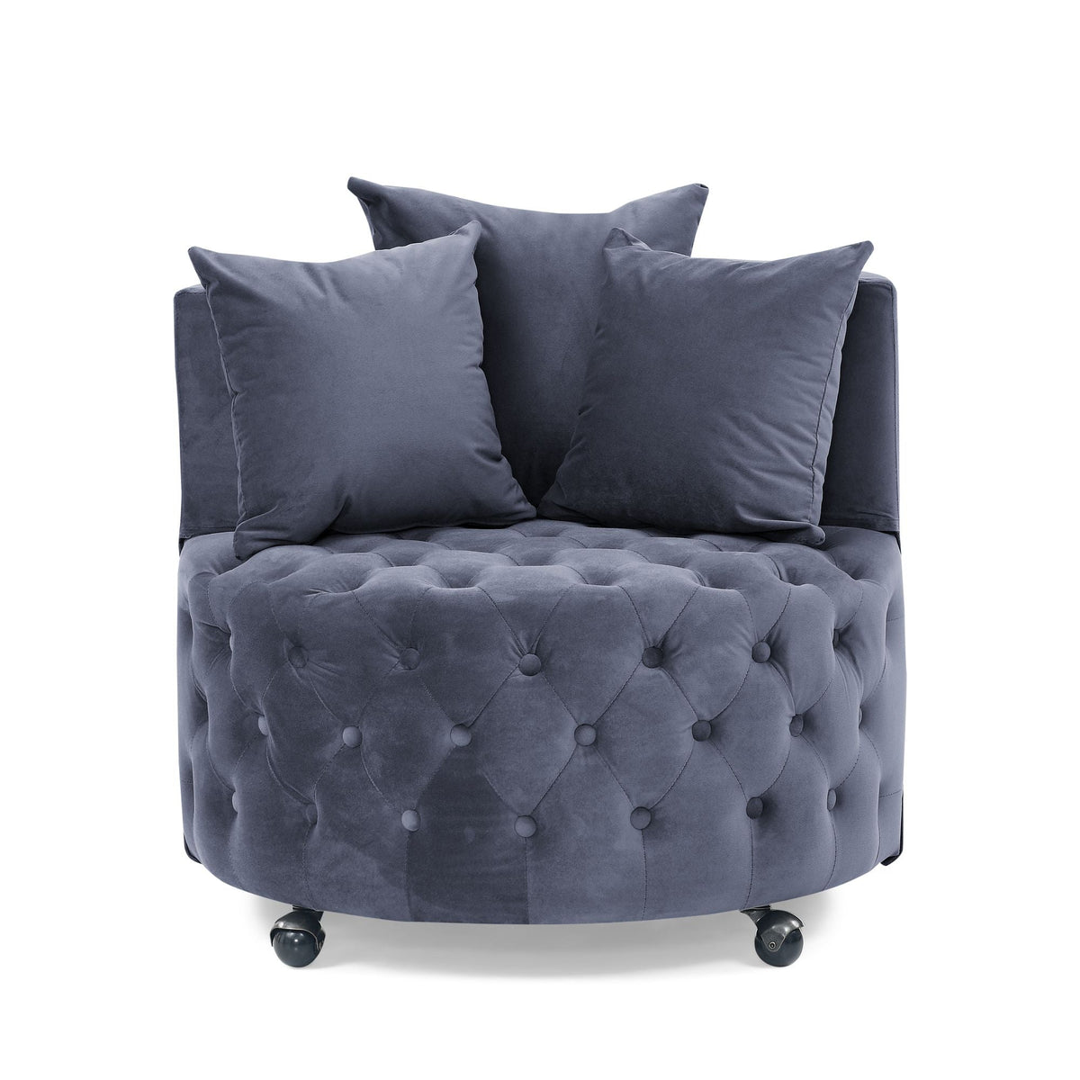 Velvet Upholstered Swivel Chair for Living Room, with Button Tufted Design and Movable Wheels, Including 3 Pillows - MC Online