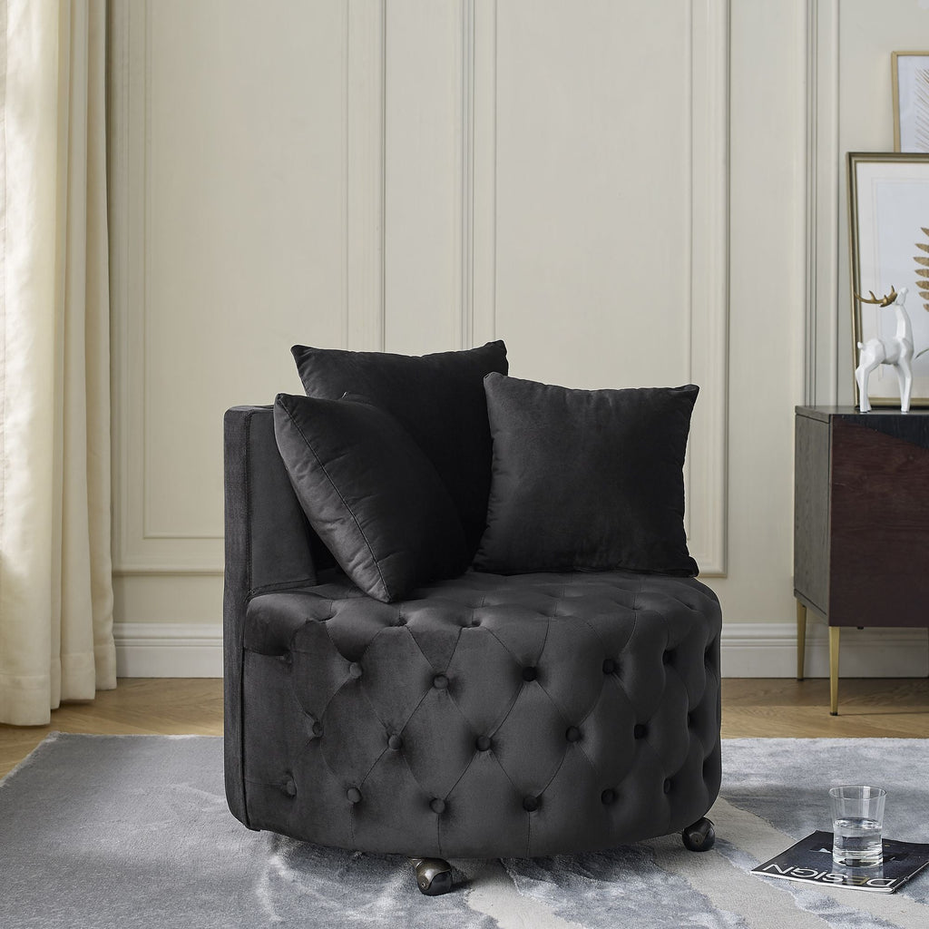Velvet Upholstered Swivel Chair for Living Room, with Button Tufted Design and Movable Wheels, Including 3 Pillows - MC Online