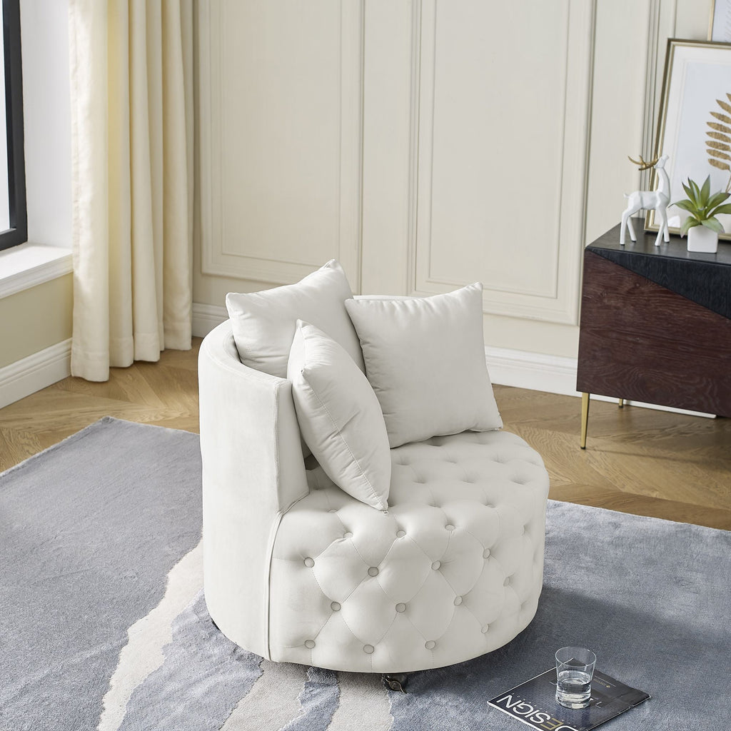 Velvet Upholstered Swivel Chair for Living Room, with Button Tufted Design and Movable Wheels, Including 3 Pillows - MC Online