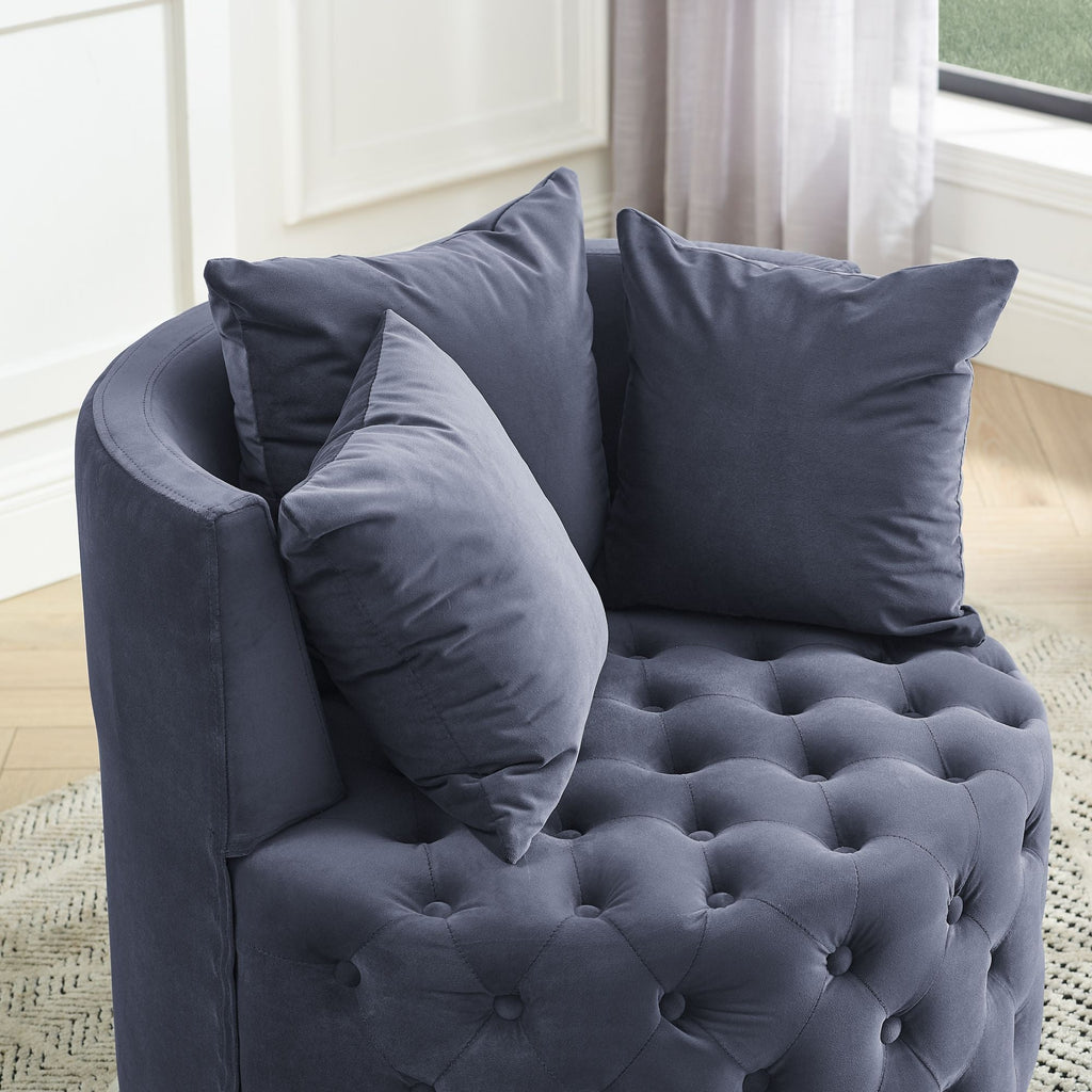Velvet Upholstered Swivel Chair for Living Room, with Button Tufted Design and Movable Wheels, Including 3 Pillows - MC Online