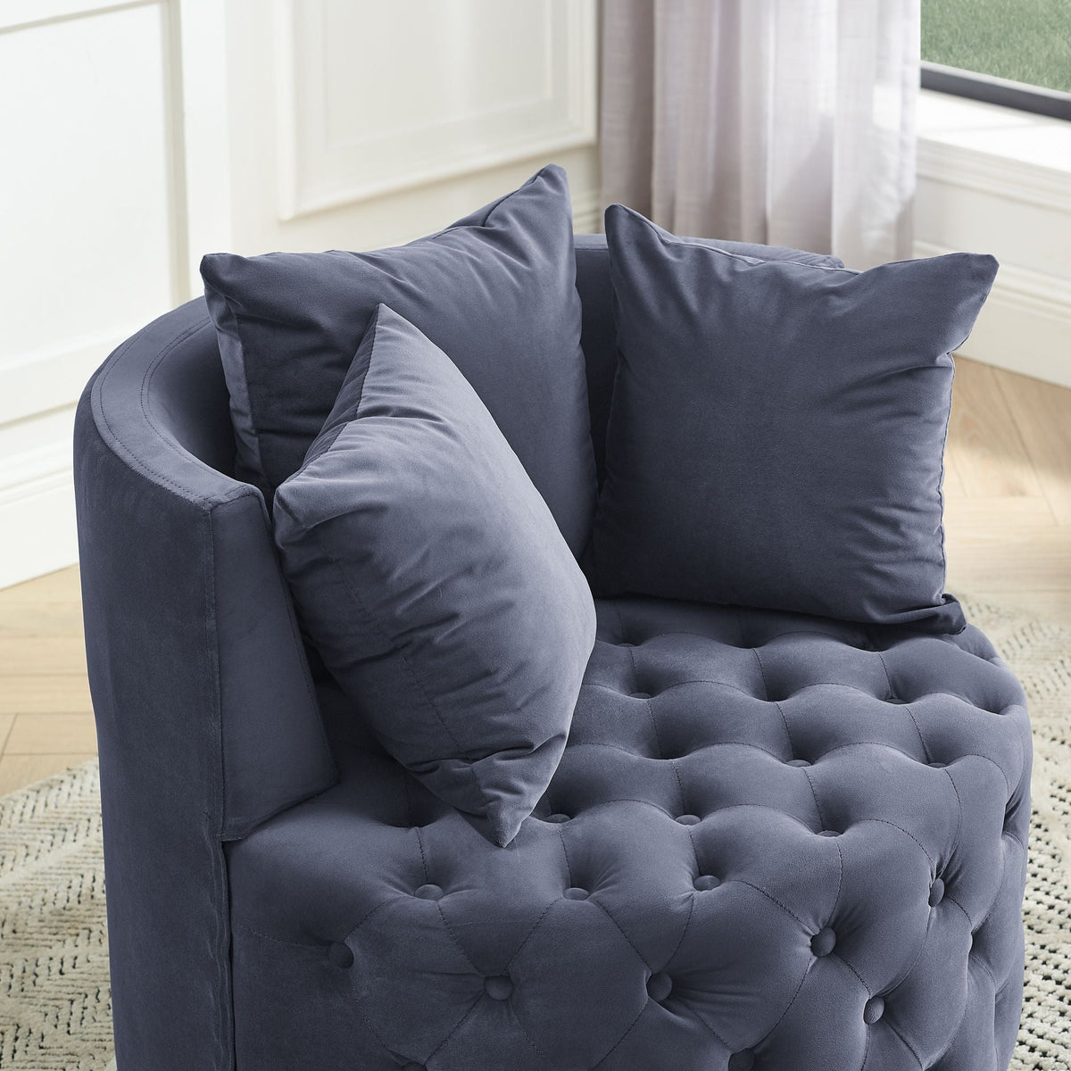 Velvet Upholstered Swivel Chair for Living Room, with Button Tufted Design and Movable Wheels, Including 3 Pillows - MC Online