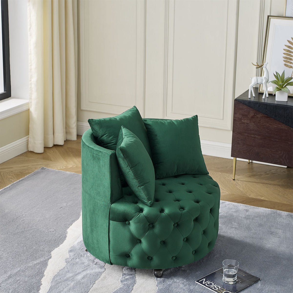 Velvet Upholstered Swivel Chair for Living Room, with Button Tufted Design and Movable Wheels, Including 3 Pillows - MC Online