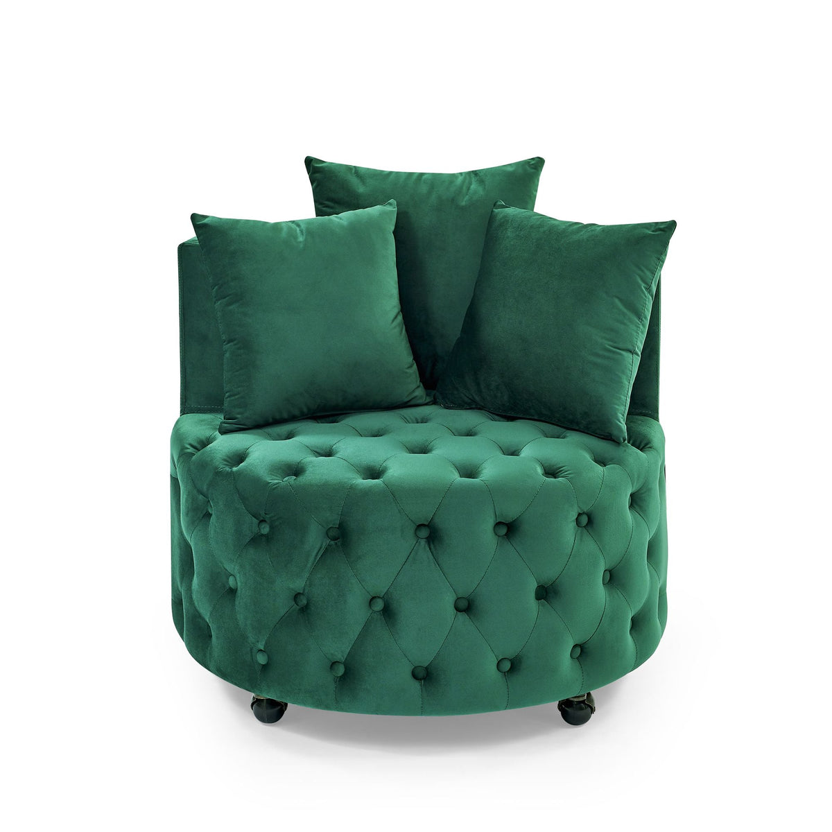 Velvet Upholstered Swivel Chair for Living Room, with Button Tufted Design and Movable Wheels, Including 3 Pillows - MC Online