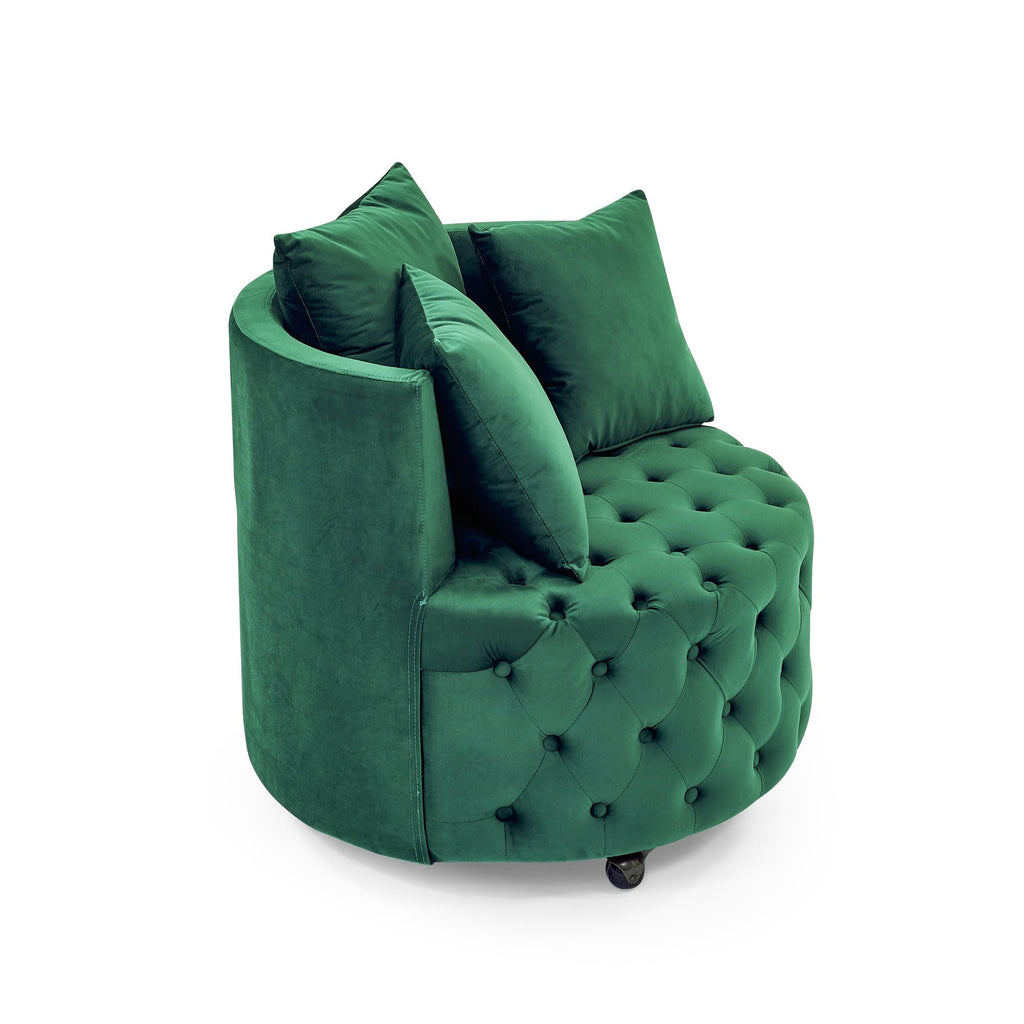 Velvet Upholstered Swivel Chair for Living Room, with Button Tufted Design and Movable Wheels, Including 3 Pillows - MC Online