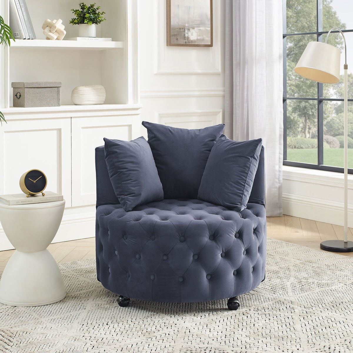Velvet Upholstered Swivel Chair for Living Room, with Button Tufted Design and Movable Wheels, Including 3 Pillows - MC Online