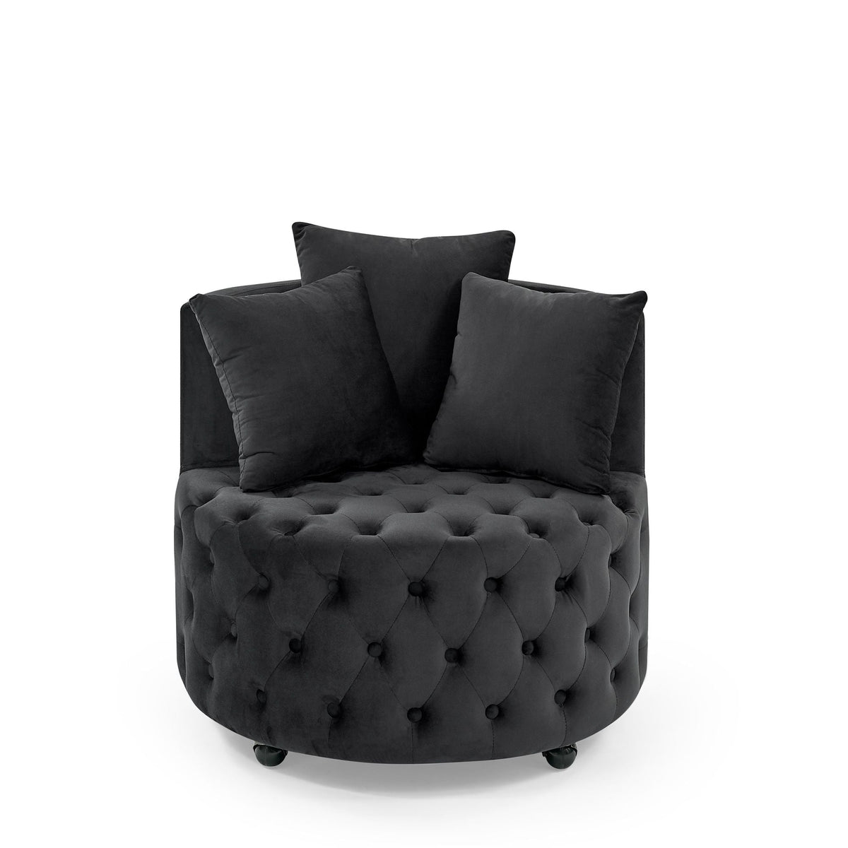 Velvet Upholstered Swivel Chair for Living Room, with Button Tufted Design and Movable Wheels, Including 3 Pillows - MC Online