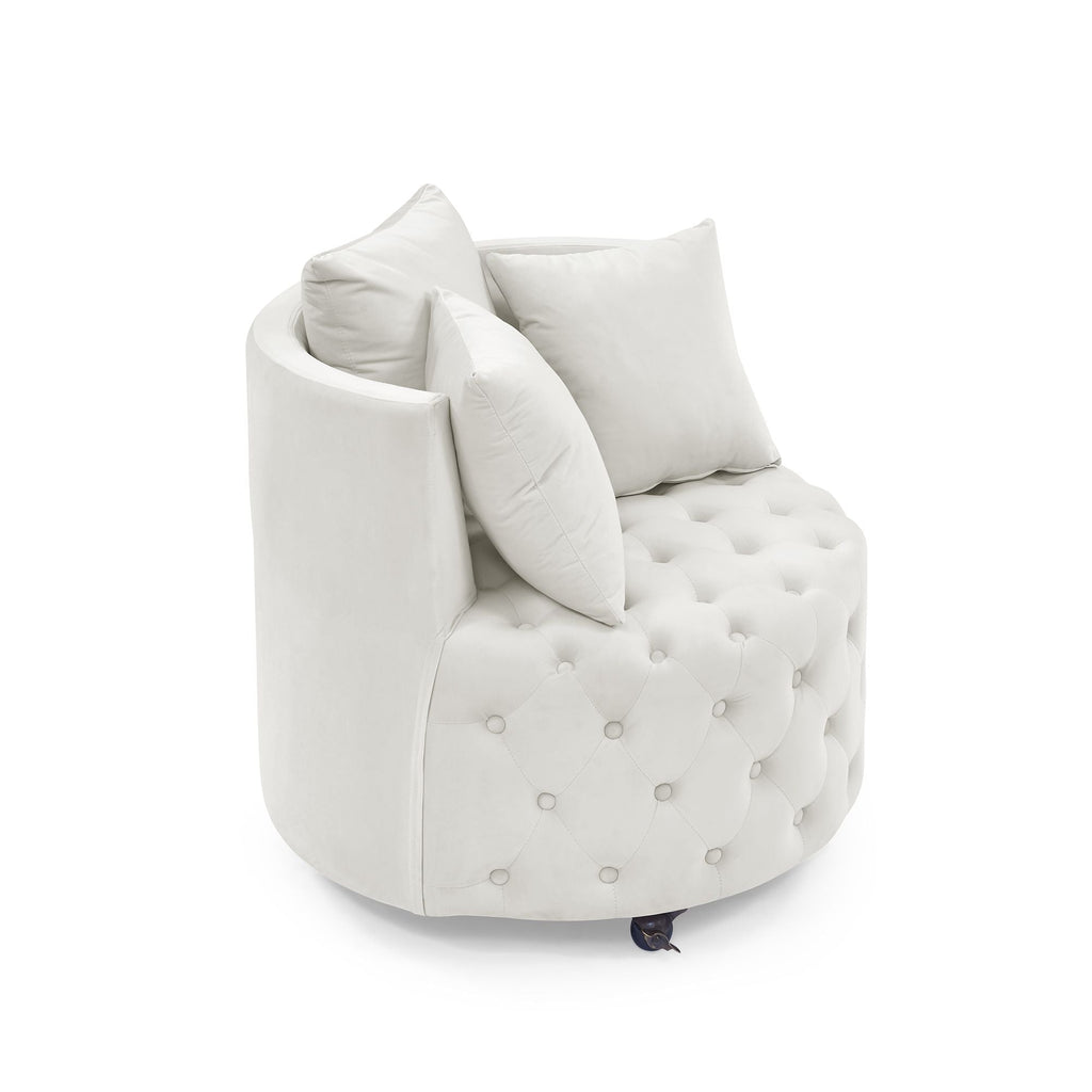 Velvet Upholstered Swivel Chair for Living Room, with Button Tufted Design and Movable Wheels, Including 3 Pillows - MC Online