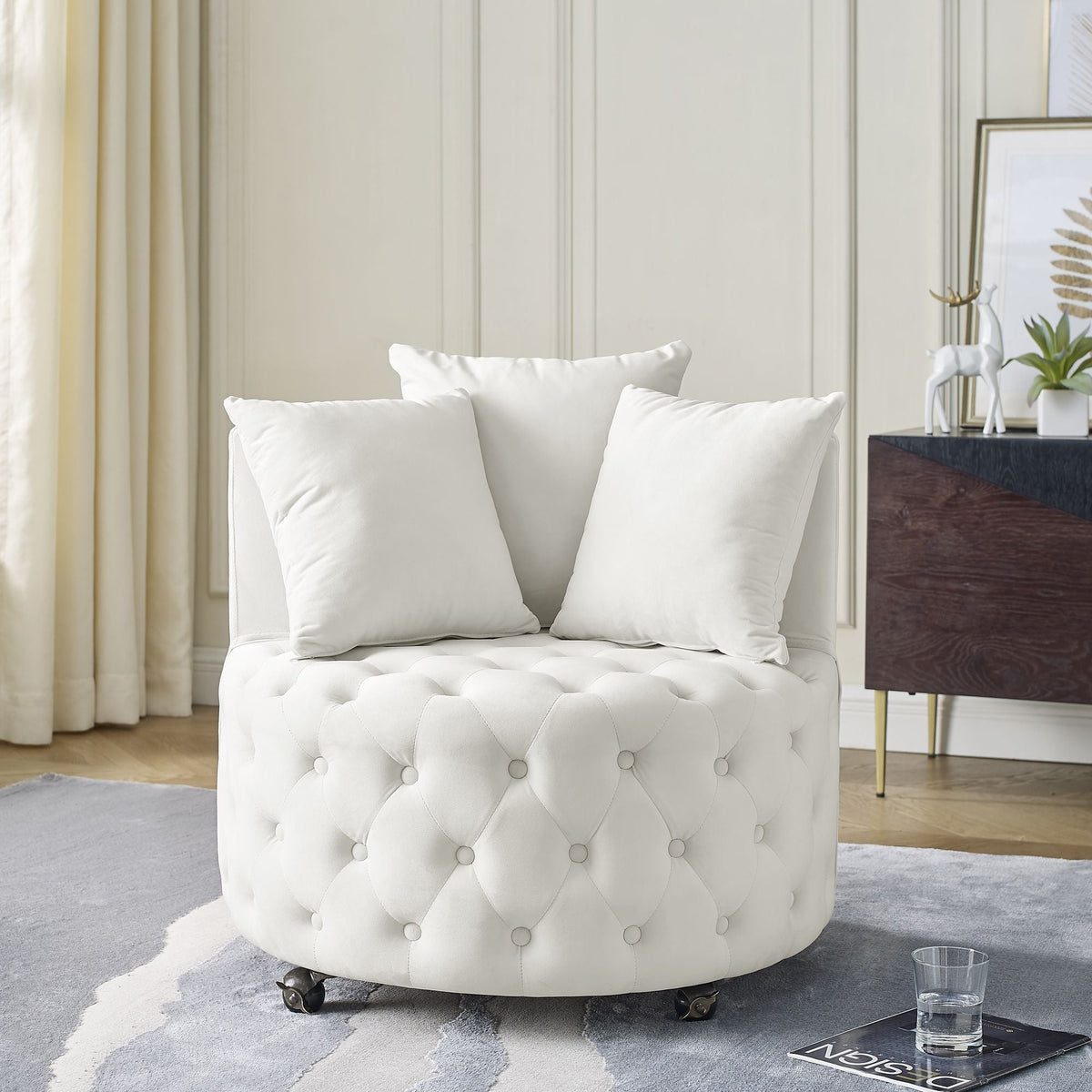 Velvet Upholstered Swivel Chair for Living Room, with Button Tufted Design and Movable Wheels, Including 3 Pillows - MC Online