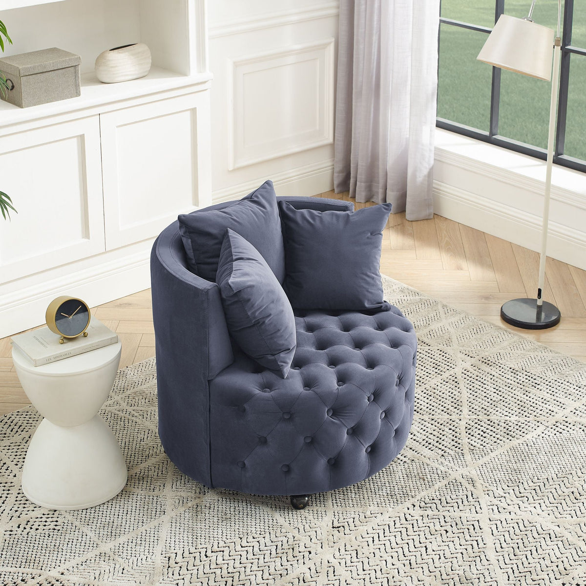 Velvet Upholstered Swivel Chair for Living Room, with Button Tufted Design and Movable Wheels, Including 3 Pillows - MC Online