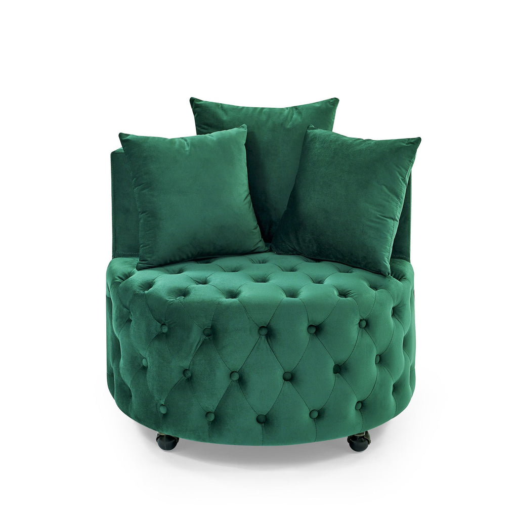 Velvet Upholstered Swivel Chair for Living Room, with Button Tufted Design and Movable Wheels, Including 3 Pillows - MC Online