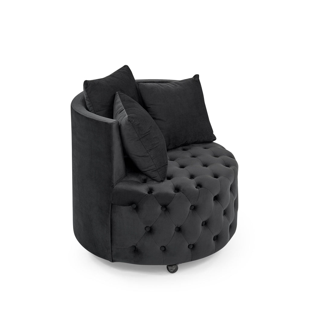 Velvet Upholstered Swivel Chair for Living Room, with Button Tufted Design and Movable Wheels, Including 3 Pillows - MC Online