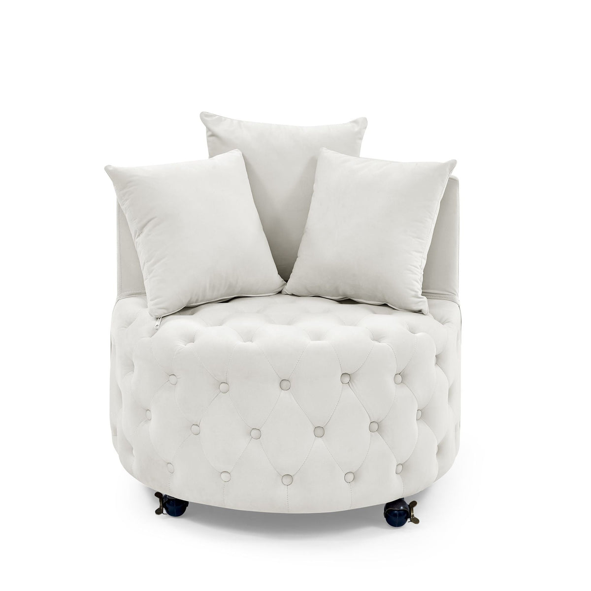 Velvet Upholstered Swivel Chair for Living Room, with Button Tufted Design and Movable Wheels, Including 3 Pillows - MC Online