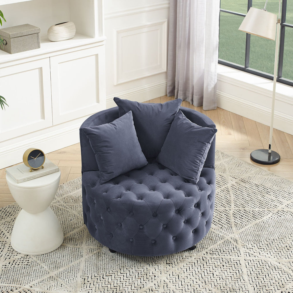 Velvet Upholstered Swivel Chair for Living Room, with Button Tufted Design and Movable Wheels, Including 3 Pillows - MC Online