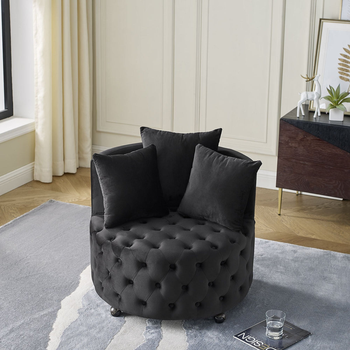 Velvet Upholstered Swivel Chair for Living Room, with Button Tufted Design and Movable Wheels, Including 3 Pillows - MC Online