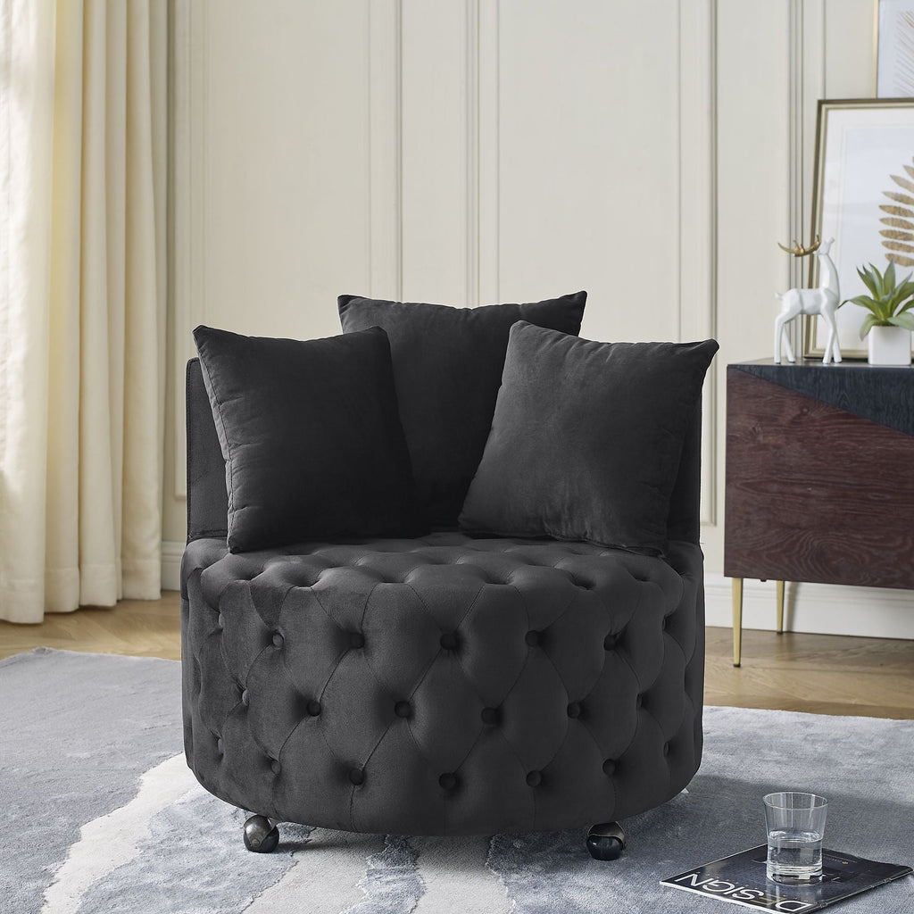 Velvet Upholstered Swivel Chair for Living Room, with Button Tufted Design and Movable Wheels, Including 3 Pillows - MC Online