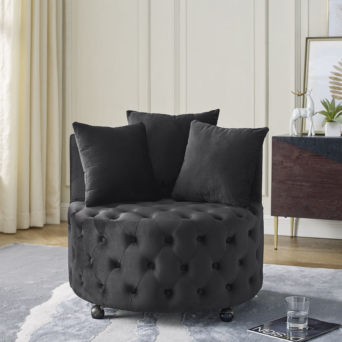 Velvet Upholstered Swivel Chair for Living Room, with Button Tufted Design and Movable Wheels, Including 3 Pillows - MC Online