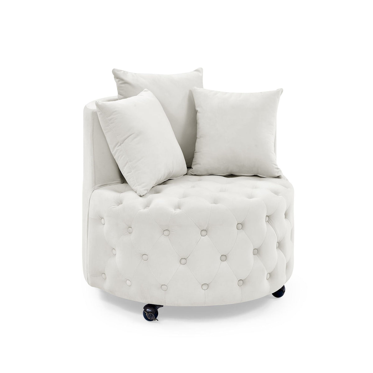 Velvet Upholstered Swivel Chair for Living Room, with Button Tufted Design and Movable Wheels, Including 3 Pillows - MC Online