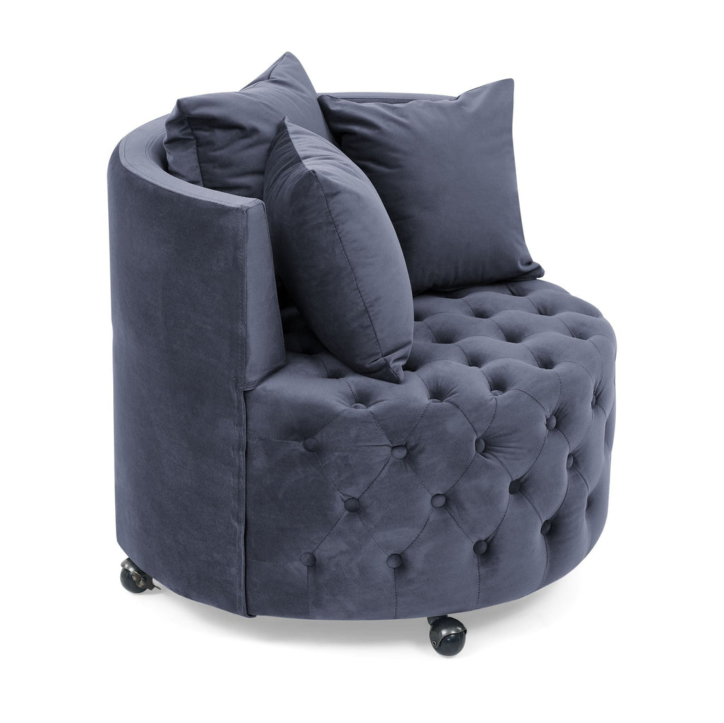 Velvet Upholstered Swivel Chair for Living Room, with Button Tufted Design and Movable Wheels, Including 3 Pillows - MC Online