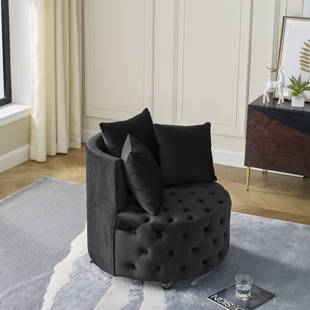 Velvet Upholstered Swivel Chair for Living Room, with Button Tufted Design and Movable Wheels, Including 3 Pillows - MC Online