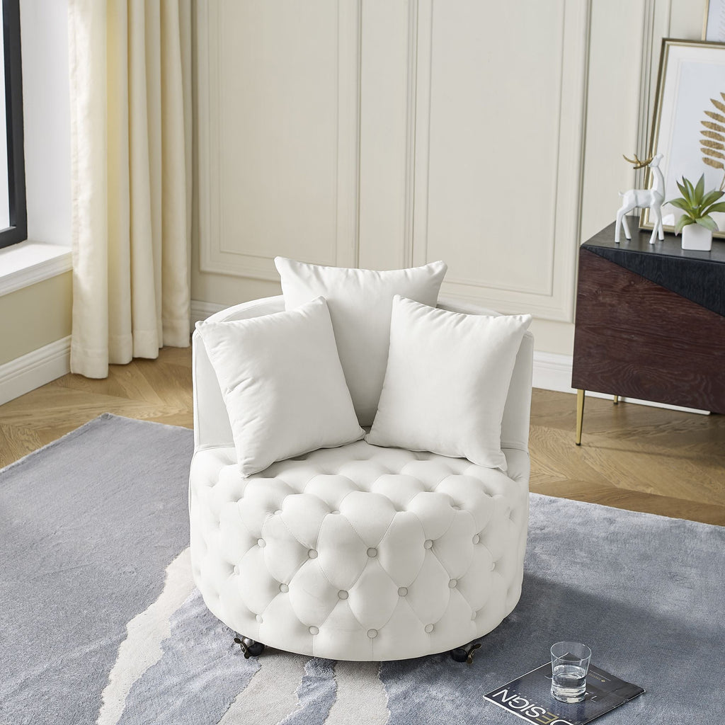 Velvet Upholstered Swivel Chair for Living Room, with Button Tufted Design and Movable Wheels, Including 3 Pillows - MC Online