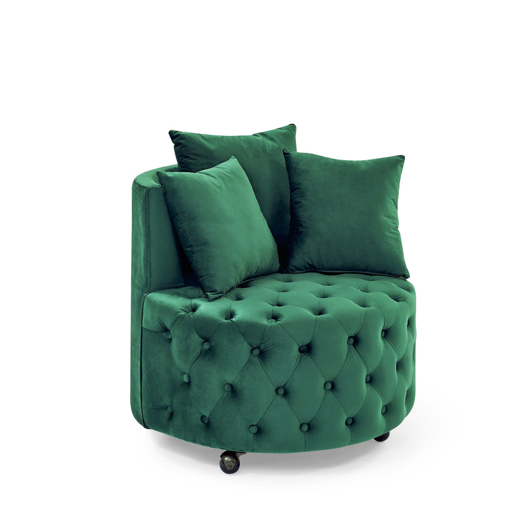 Velvet Upholstered Swivel Chair for Living Room, with Button Tufted Design and Movable Wheels, Including 3 Pillows - MC Online