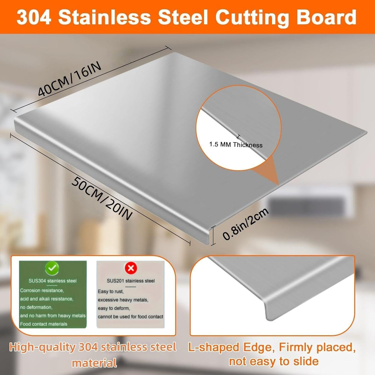 XXL 304 Stainless Steel Cutting Board Anti-Slip & Mildew-Proof! No More Moldy Wooden Boards | Heavy-Duty & Food-Safe, Easy to Clean – Chop Meat, Knead Dough, Bake Prep All-in-One | Must-Have for Hom - MC Online